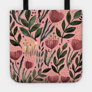 Watercolor flower garden - dusty pink and olive on pink background Tote