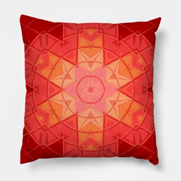 Mosaic Mandala Flower Red and Orange Pillow by WormholeOrbital