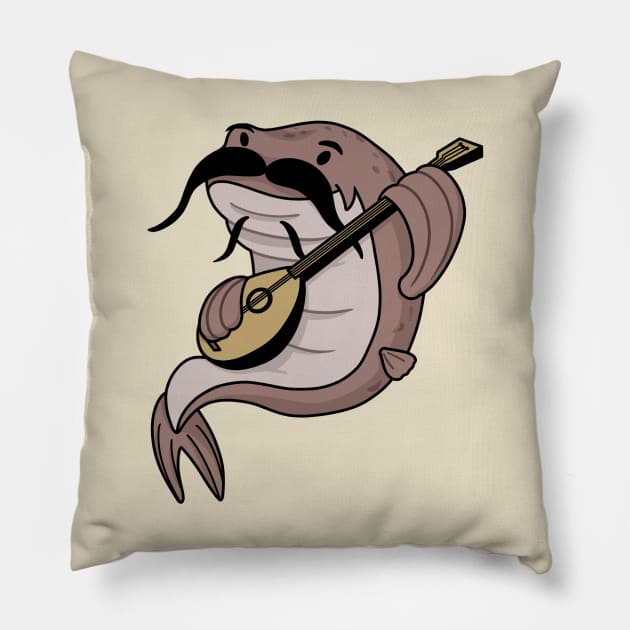 Catfish playing lute cartoon Pillow by ballooonfish