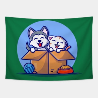 Cute Husky Dog With Cat in Box Cartoon Vector Icon Illustration Tapestry