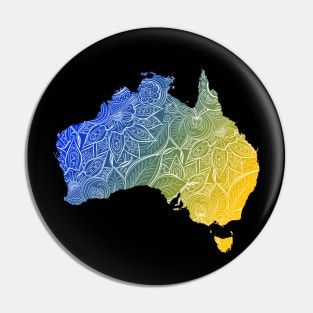 Colorful mandala art map of Australia with text in blue and yellow Pin