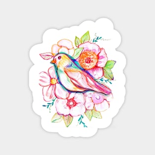 floral bird illustration with rainbow colors, peonies, pink flowers, pink bird, cute illustration Magnet