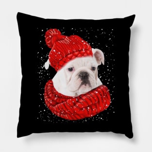 White Chihuahua Wearing Red Hat And Scarf Christmas Pillow