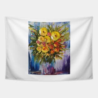 yellow flowers painting, yellow and orange bouquet, flowers in a vase, colorful painting, colorful flowers Tapestry