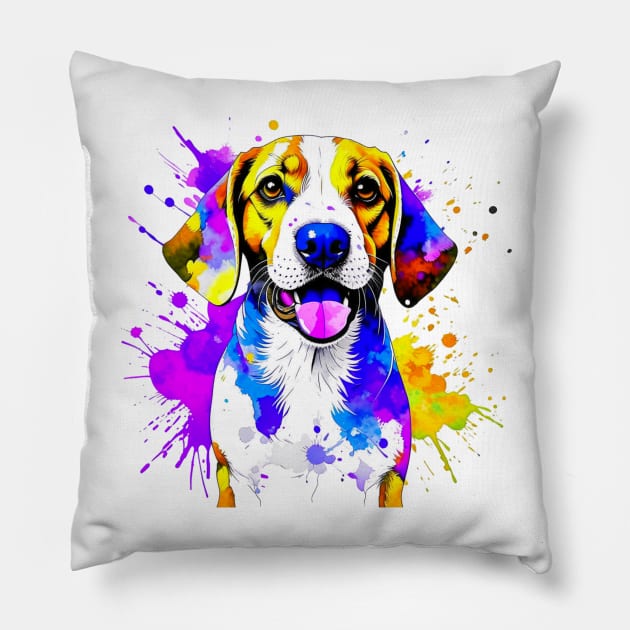 Colorful Beagle Splatter Art - A Tail-Wagging Delight Pillow by Paul Buttermilk 