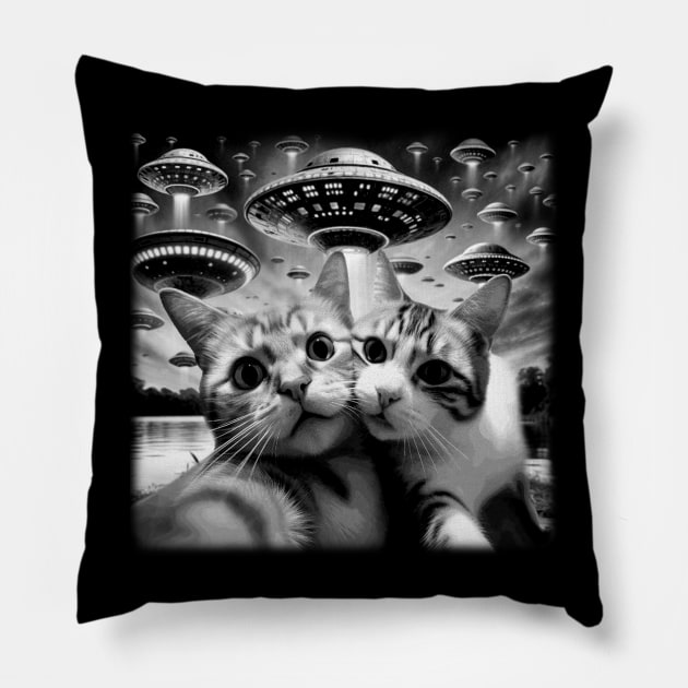 Interstellar Kitties Unleash Playful Vibes in Cat UFO Apparel Pillow by Black Demon Bear