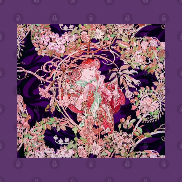 Woman with Daisy Among Pink Flowers ,Wild Roses,Floral Swirls Art Nouveau Portrait by BulganLumini