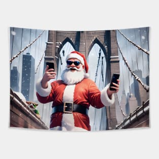 Santa Selfie with Pet on Brooklyn Bridge Tapestry