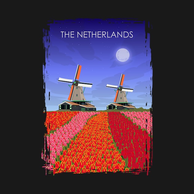 The Netherlands Vintage Minimal Retro Windmills Tulips Travel Poster by jornvanhezik