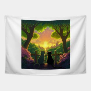 Adorable Two Cats Looking At Sunset Nirvana Tapestry