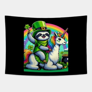 Leprechaun Sloth Riding Llama Unicorn St Patricks Day Tapestry