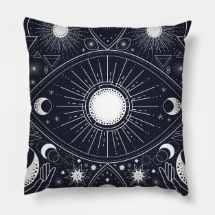 Magic pattern with constellations, sun, moon, magic eyes, hands and stars. Mystical esoteric background. Pillow