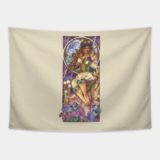 Lady of February Art Nouveau Birthstone and Birth Flower Mucha Inspired Goddess Art with Violets and Candles Tapestry