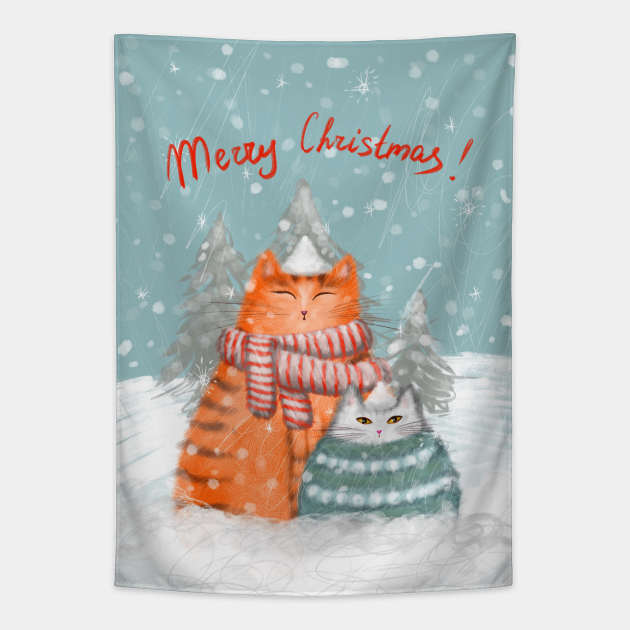 Merry Christmas greeting winter card with cute fluffy cats in red Santa hats and scarves. Tapestry by Olena Tyshchenko