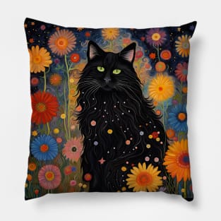 Black Cat With Stars and Flowers Pillow