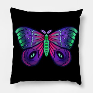 Neon Green Blue Pink Moth Pillow