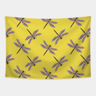 Crazy psychedelic dragonfly pattern on yellow background Tapestry