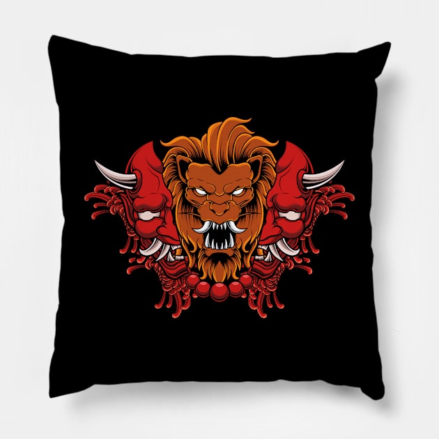 LION WITH HANNYA ONI MASK ILLUSTRATION Pillow by masrxyan