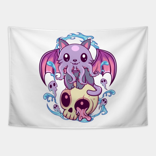 Skull Cat  Octopus Kawaii Gothic Tapestry by DionArts