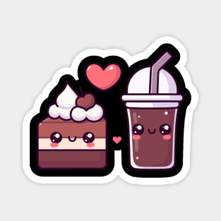 Chocolate Cake and Dark Chocolate Milkshake with a Heart | Kawaii Food Couple Art Magnet