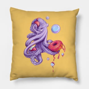 Octopus with donut and jam and red headphones with music. Bright artwork Pillow