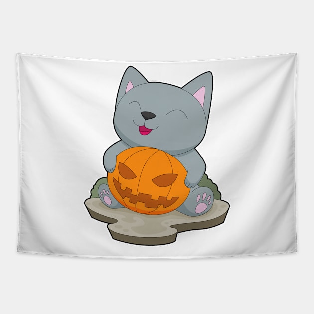 Cat Halloween Pumpkin Tapestry by Markus Schnabel