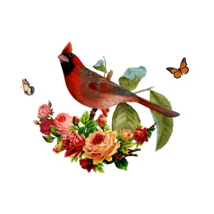 Romantic Red Cardinal Bird With Butterflies & Roses T-Shirt