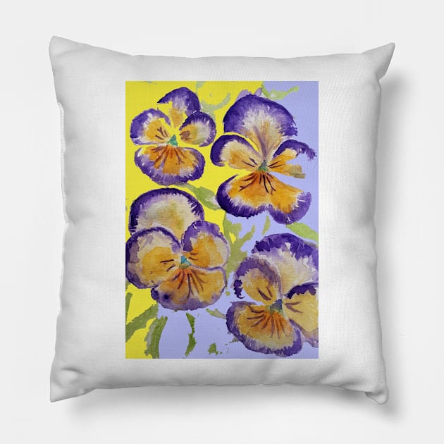 Viola Watercolor Purple Floral Pattern on Yellow and Lavender Pillow by SarahRajkotwala