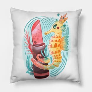 Seahorse King with Pink Lipstick Watercolor Pillow