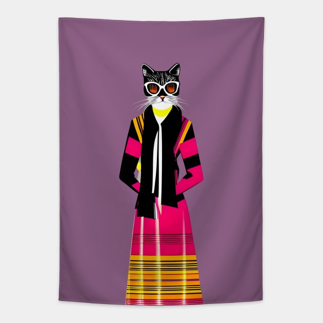 Fashionista Geometric Cubist Cat Tapestry by Liesl Weppen