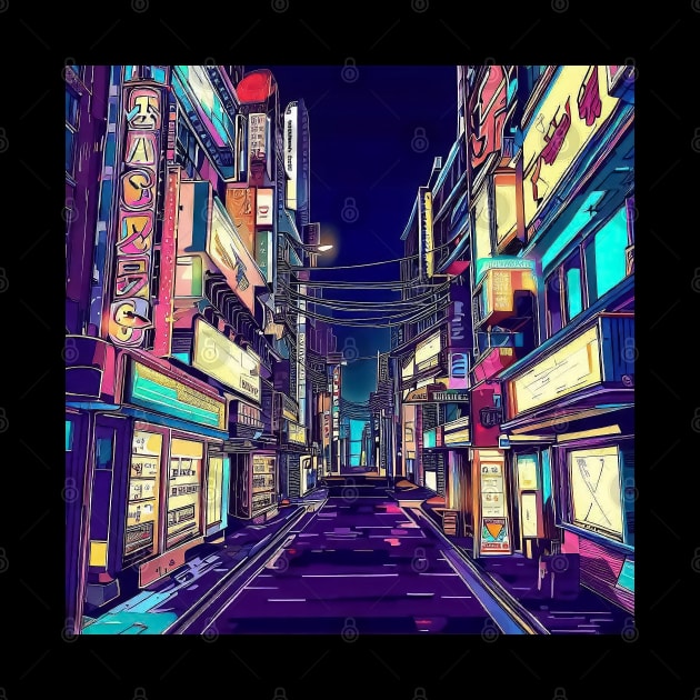 Anime japan street scene, urban, night view by TomFrontierArt