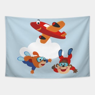 Vector illustration of a cute skydiver monkey and dog Tapestry