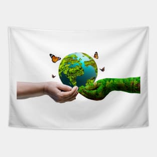 Human Hand Holding a Globe on Transparent Backgrounds Tapestry