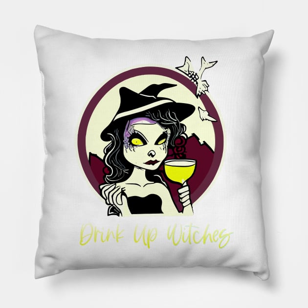 Drink Up Witches Halloween Wine Lover Lime Green Pillow by MindGlowArt