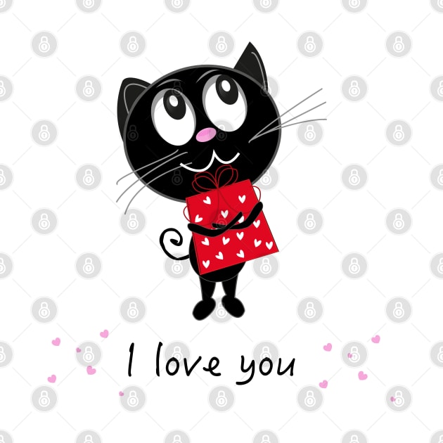 Cute romantic black cat holding red gift box by GULSENGUNEL