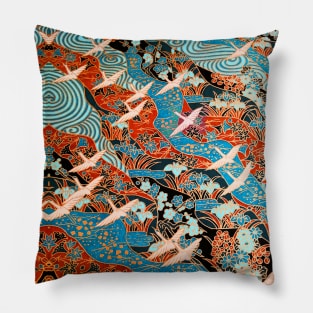 FLYING WHITE CRANES ON BLUE WATERS AND SPRING FLOWERS Red Teal Japanese Floral Pillow