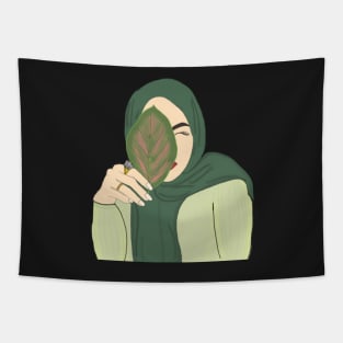 Hijabi Muslim Woman holding a Leaf Tapestry