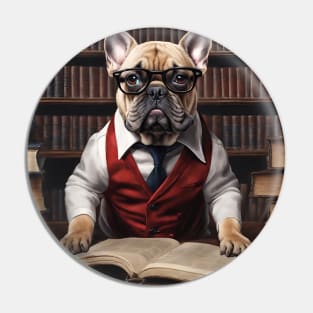 Chic French Bulldog: Hyperreal Red-Suit in Whimsical Library Pin