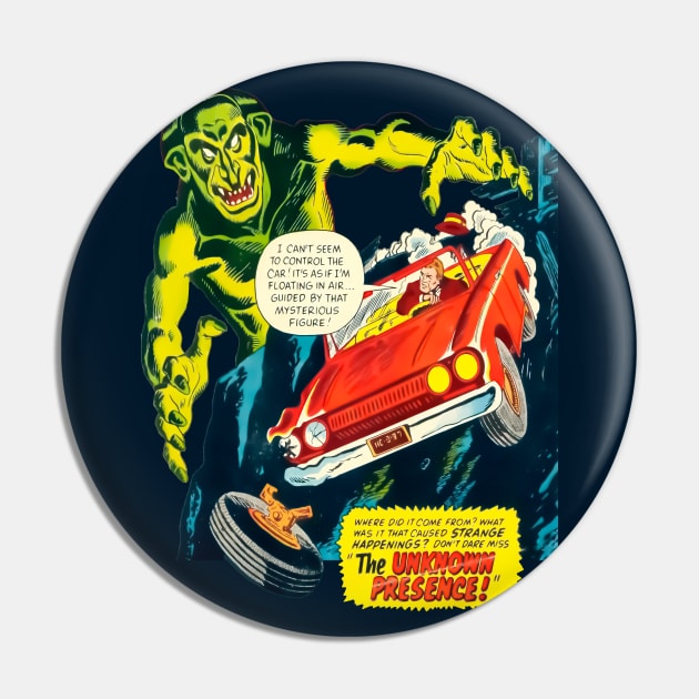 Car Crash The Unknown Presence Monster Halloween Retro Comic Vintage Cartoon Pin by REVISTANGO