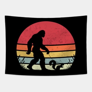 Bigfoot Walking a Squirrel Vintage Retro Sunset Outdoor Tapestry