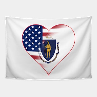 State of Massachusetts Flag and American Flag Fusion Design Tapestry