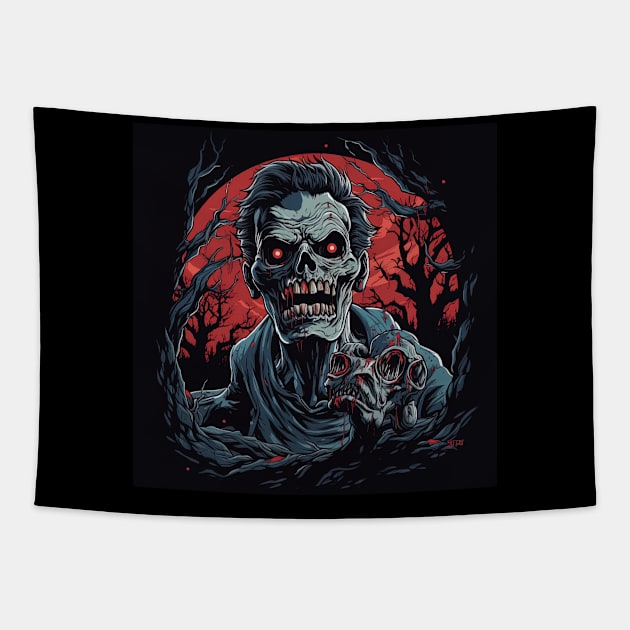 scary zombie with red eyes and red moon in background,halloween design Tapestry by Maverick Media