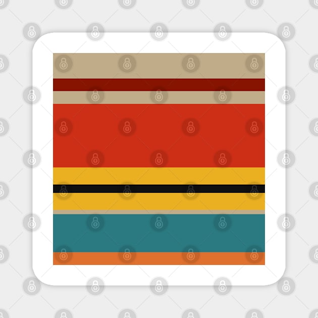 A fine commixture of Police Blue, Ming, Putty, Lanzones, Squash, Brownish Orange, Vermilion, Brick Red and Almost Black stripes. Magnet by Sociable Stripes