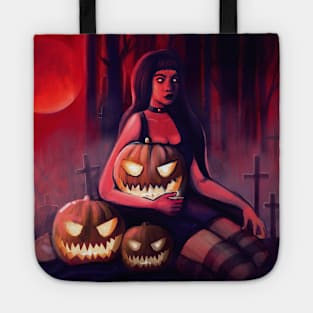 Young cute witch with Halloween Pumpkins Tote