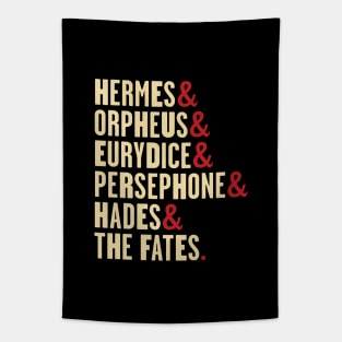 Hadestown Character Names - Hermes, Orpheus, Eurydice, Persephone, Hades & the Fates Tapestry