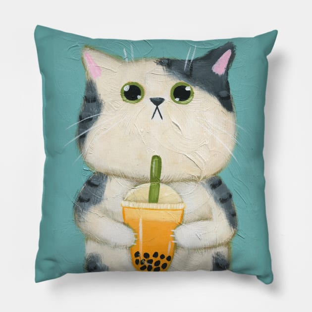 Mango Boba Kitty Pillow by KilkennyCat Art