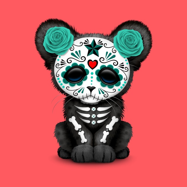 Teal Blue Day of the Dead Sugar Skull Panther Cub by jeffbartels