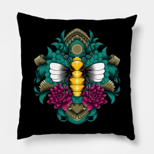 Bee with lotus flower and ornament Pillow