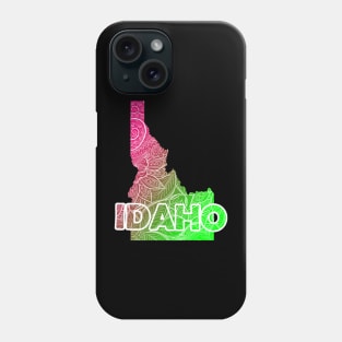 Colorful mandala art map of Idaho with text in pink and green Phone Case