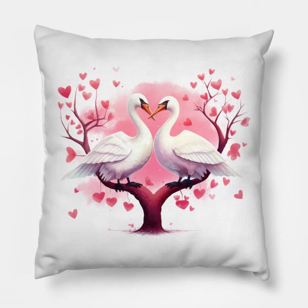 Valentine Kissing Goose Bird Couple Pillow by Chromatic Fusion Studio